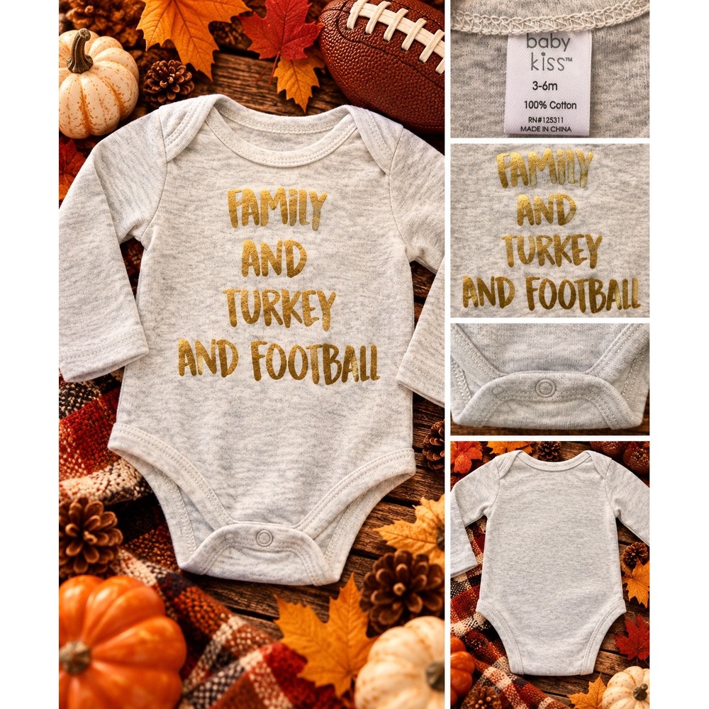 Baby Kiss 3-6M Thanksgiving Bodysuit Family Turkey Football Gold 100% Cotton